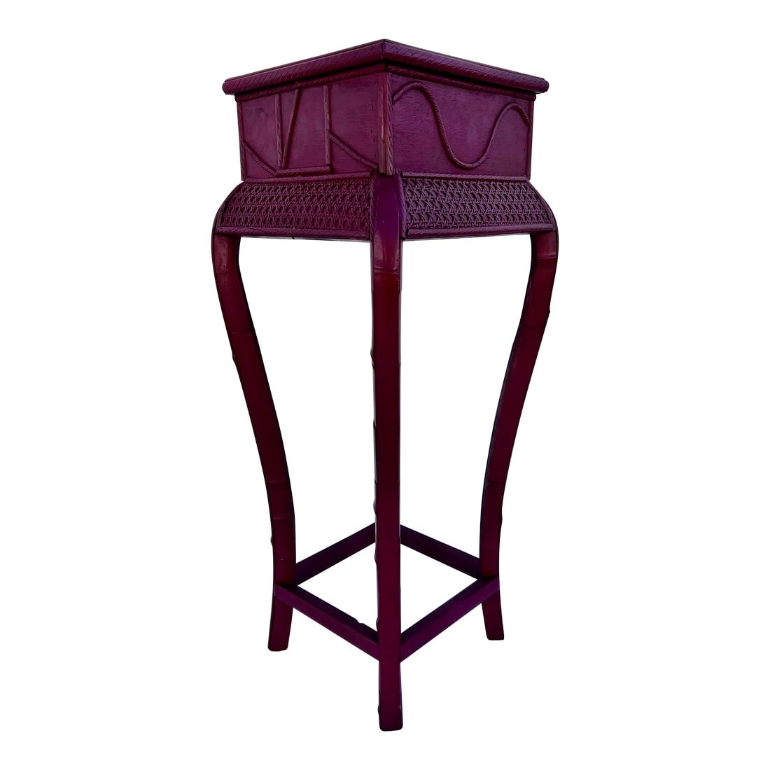 Vintage Red Split Bamboo and Rattan Caning Plant Stand Newly Painted Ruby Red: Let us present to you this beautiful Vintage Newly Painted Ruby Red Split Bamboo and Rattan Caning Plant Stand! This unique and eye-catching piece is the perfect addition to your home decor, adding