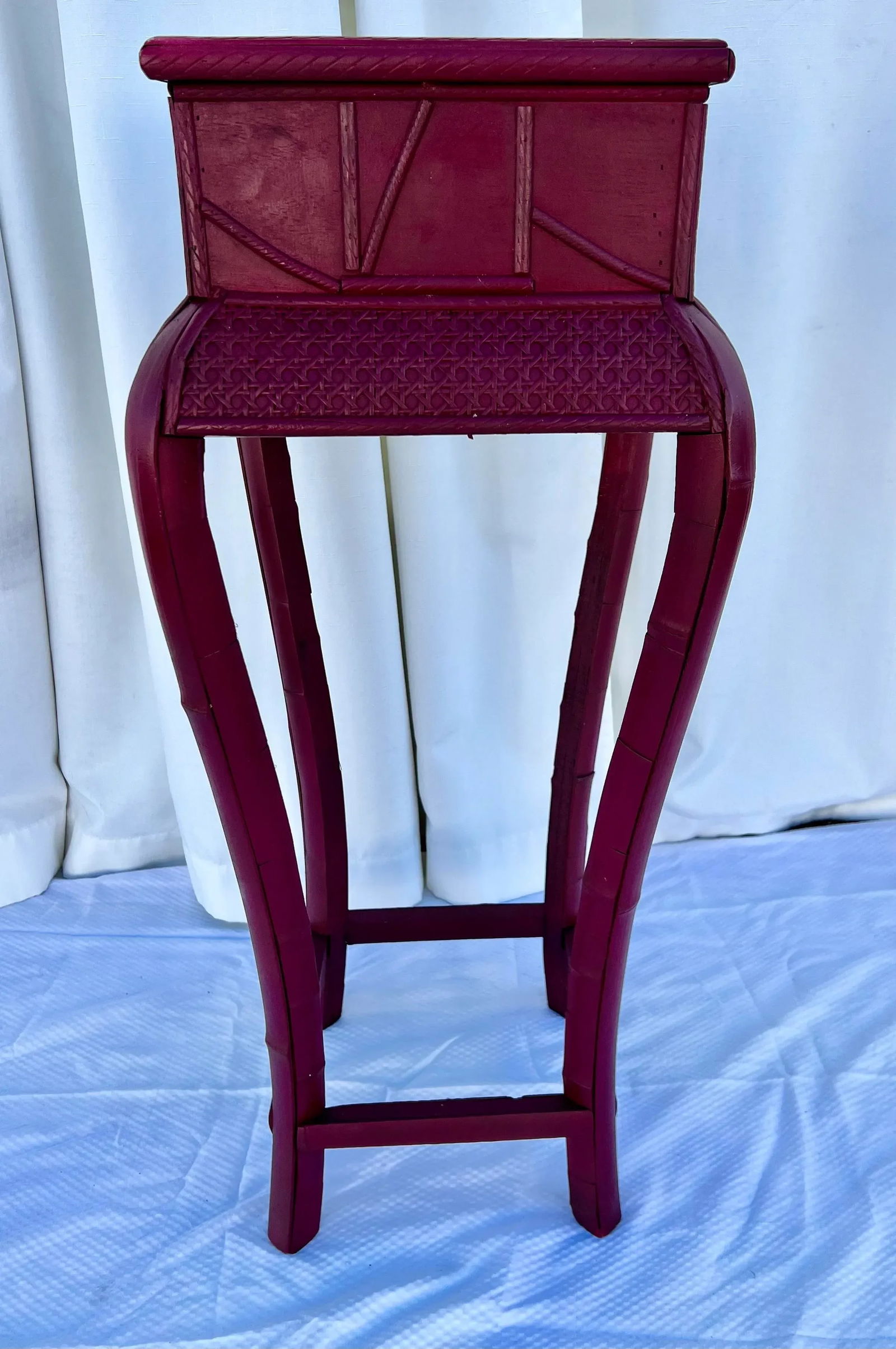 Vintage Red Split Bamboo and Rattan Caning Plant Stand Newly Painted Ruby Red - 2