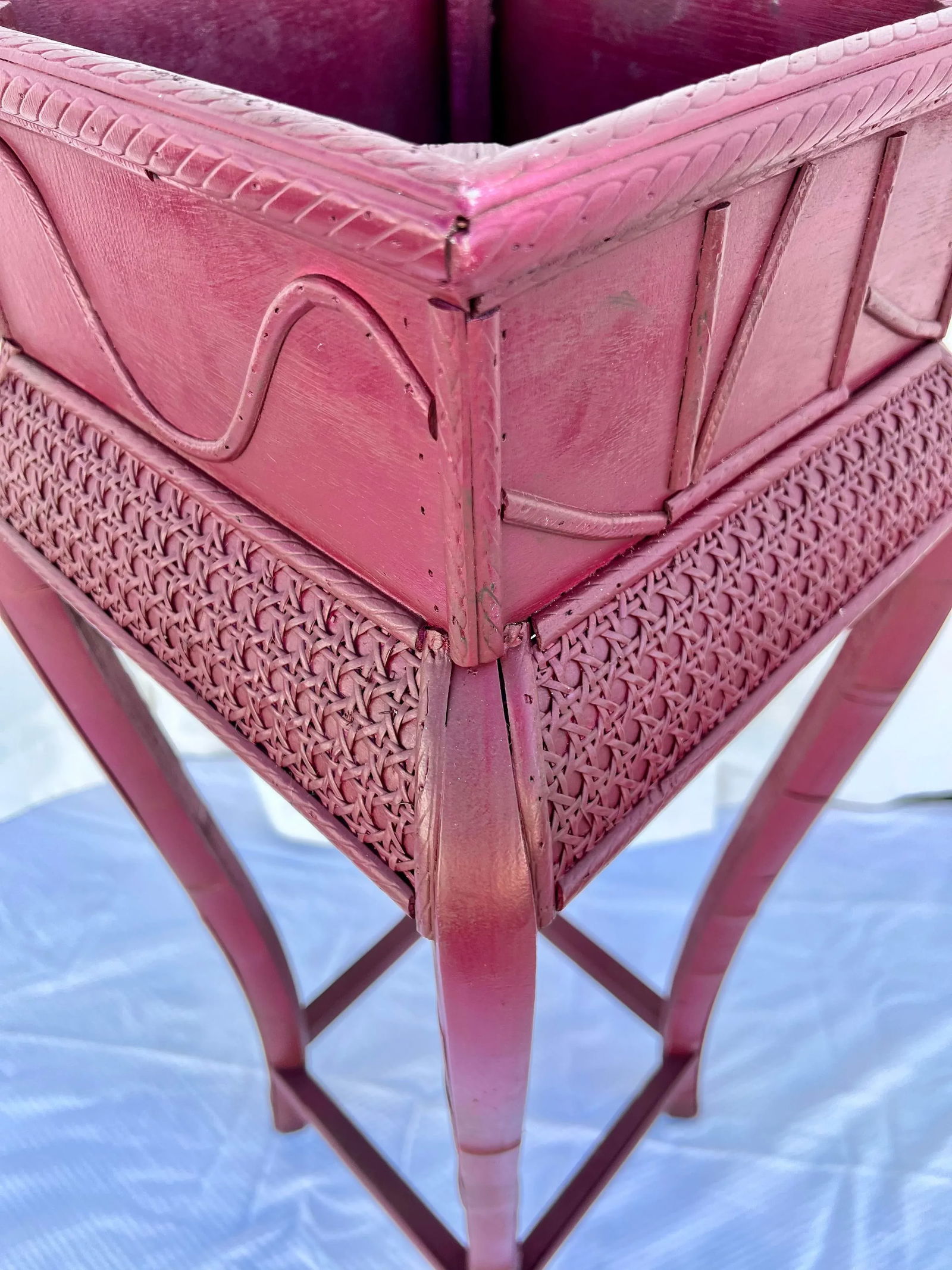 Vintage Red Split Bamboo and Rattan Caning Plant Stand Newly Painted Ruby Red - 4