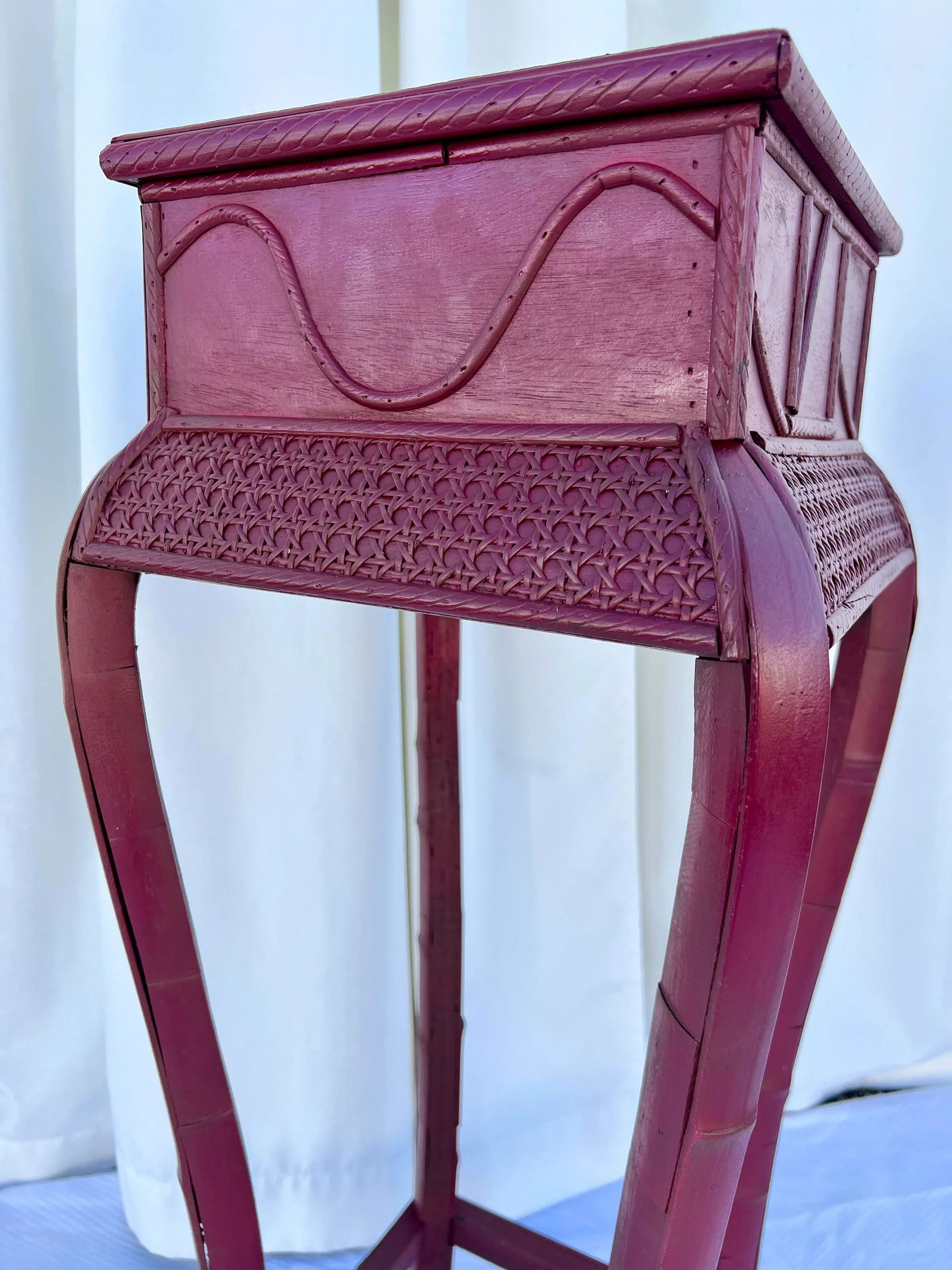 Vintage Red Split Bamboo and Rattan Caning Plant Stand Newly Painted Ruby Red - 5