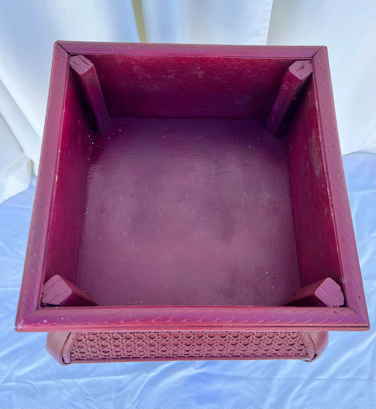 Vintage Red Split Bamboo and Rattan Caning Plant Stand Newly Painted Ruby Red - 7