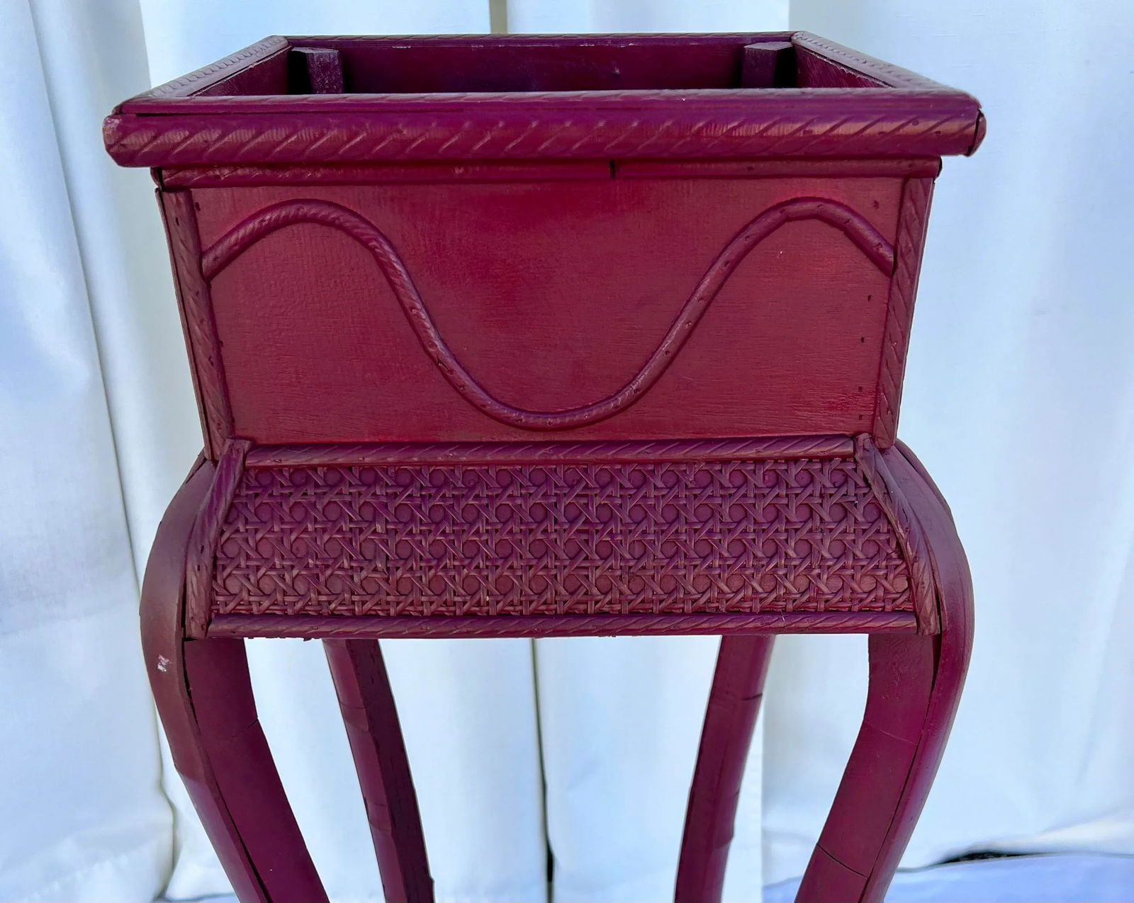 Vintage Red Split Bamboo and Rattan Caning Plant Stand Newly Painted Ruby Red - 8