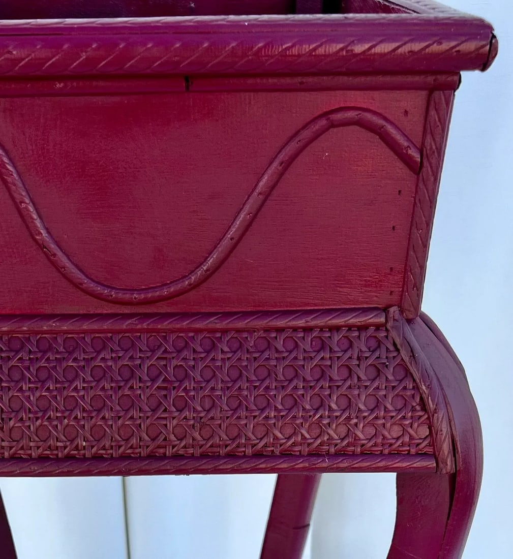 Vintage Red Split Bamboo and Rattan Caning Plant Stand Newly Painted Ruby Red - 9