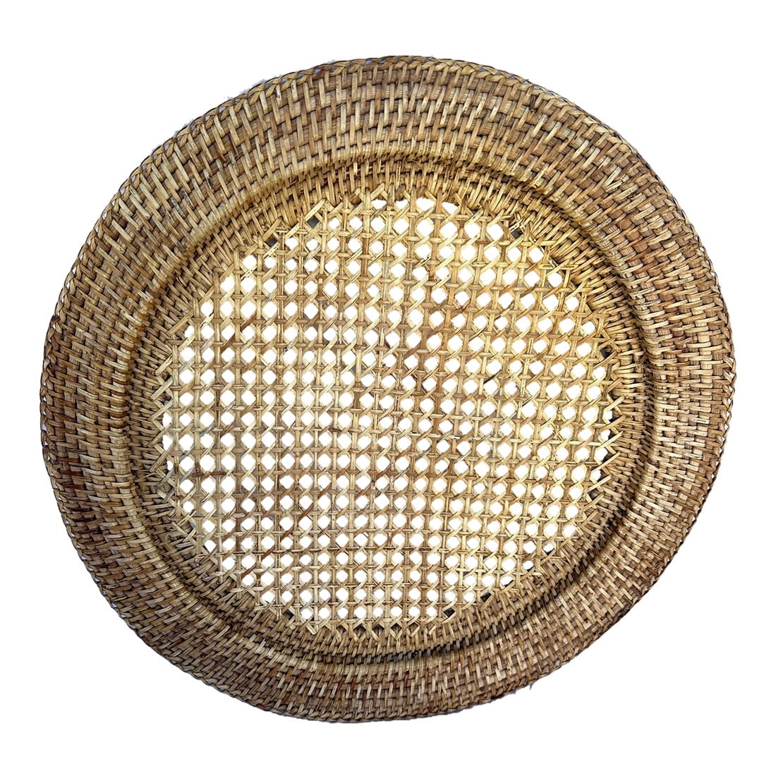 Vintage Large Rattan Serving Charger: Vintage Large Rattan Serving Tray Charger in natural rattan. Great for parties with a white plater on top. 18in round x 1in h Make sure to follow me, I have flash sales for my followers only 109 