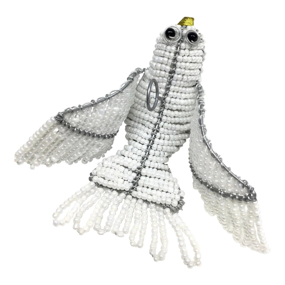 Artisan Hand Beaded White Bird Hanging Ornament: Delicate white glass beads have been woven over silver tone wire to create a gorgeous heavy and sturdy hanging dove. Use this ornament all year round. Brass stand not included. Condition: