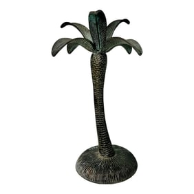 Vintage Coastal Patinated Brass Palm Tree Candlestick Holder