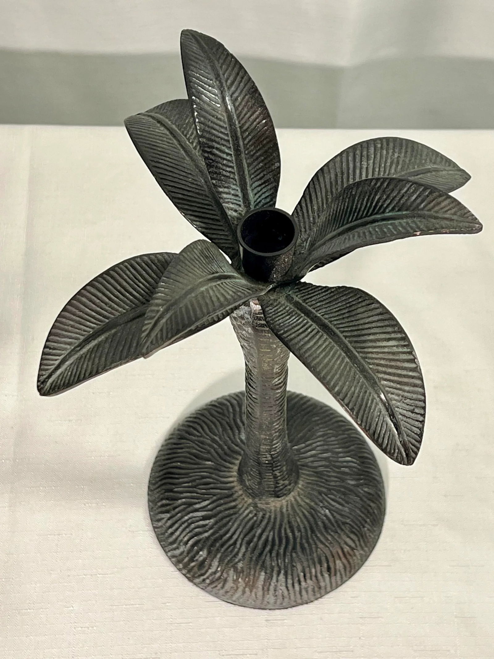 Vintage Coastal Patinated Brass Palm Tree Candlestick Holder - 4