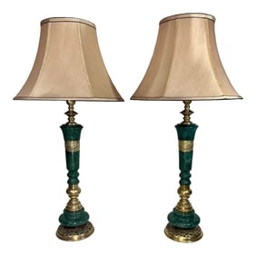 Mid-Century Chinoiserie James Mont Style Green Marble and Bronze Column Table Lamps With Shades - A