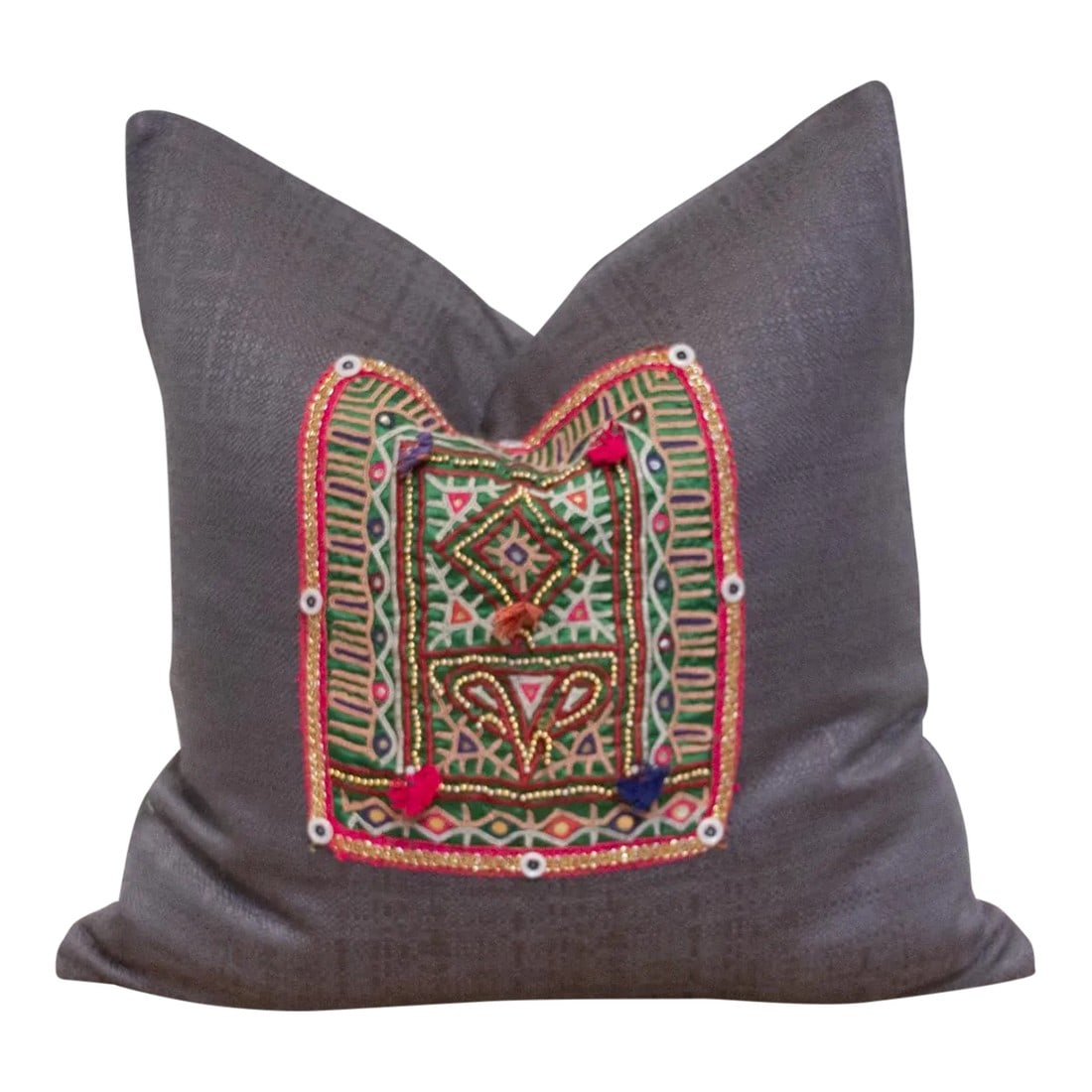 Soji Antique Tapestry Linen Pillow: Crafted from fragments of exquisitely hand-embroidered tapestry adorned with intricate open-chain stitch embroidery, this pillow showcases a large patch of tapestry embellished with floral or