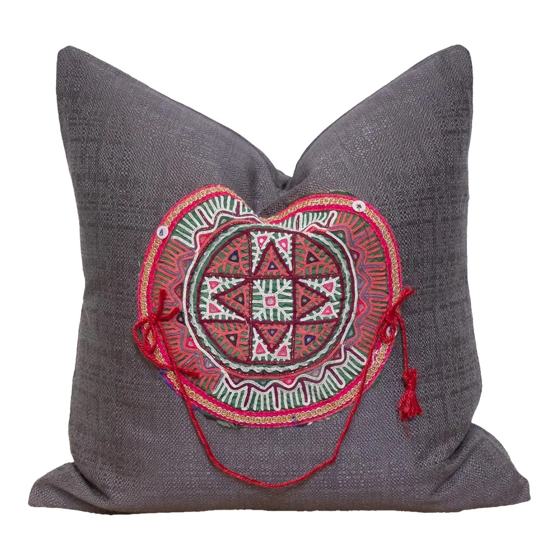 Sanna Antique Tapestry Linen Pillow: Crafted from fragments of exquisitely hand-embroidered tapestry adorned with intricate open-chain stitch embroidery, this pillow showcases a large patch of tapestry embellished with floral or