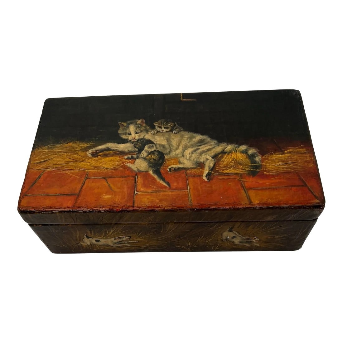 Vintage Hand Painted Box With Cat and Kittens: Hand painted wooden box featuring a cat with two kittens. Two dogs and grasses adorn the sides. The box is lined in forest green material and has a mirror. The bottom is also covered in the green