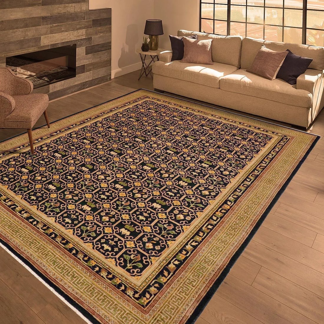 1980s Shabby Chic Ziegler Blue Green Hand-Knotted Wool Rug - 9'1'' X 11'5'' - 2