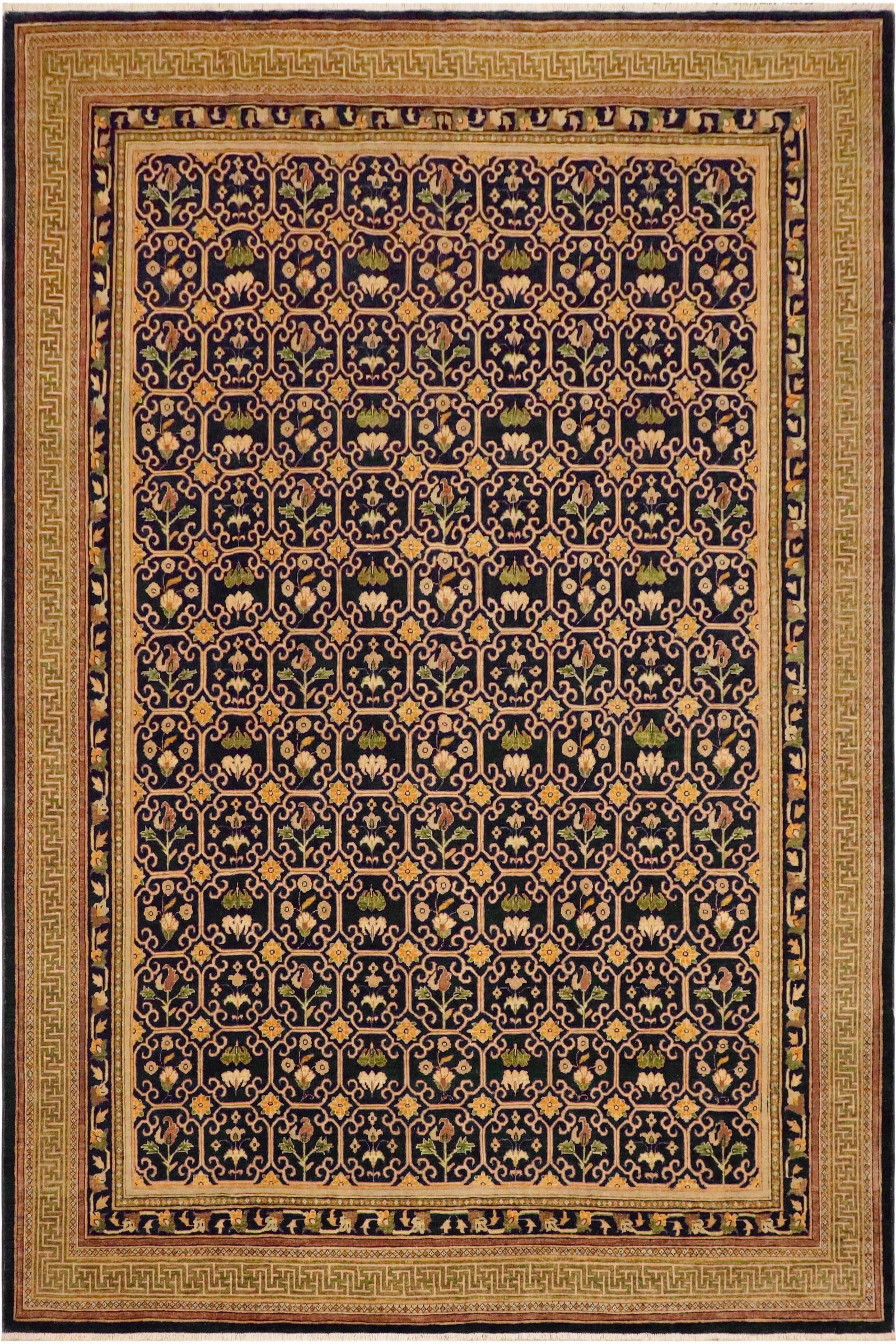 1980s Shabby Chic Ziegler Blue Green Hand-Knotted Wool Rug - 9'1'' X 11'5'' - 9