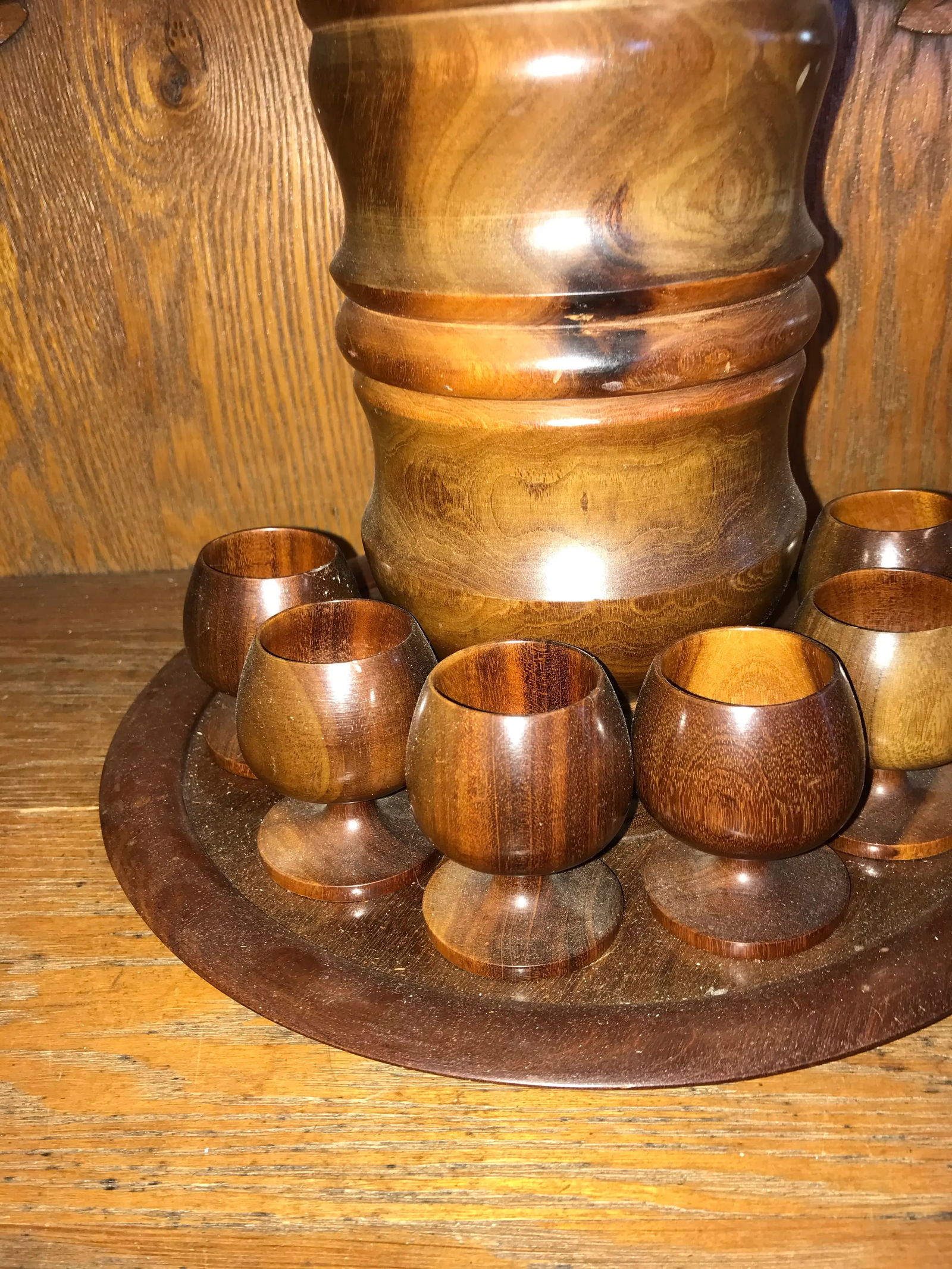 1960s Wood Decanter & Glasses Set- 8 Pieces - 2