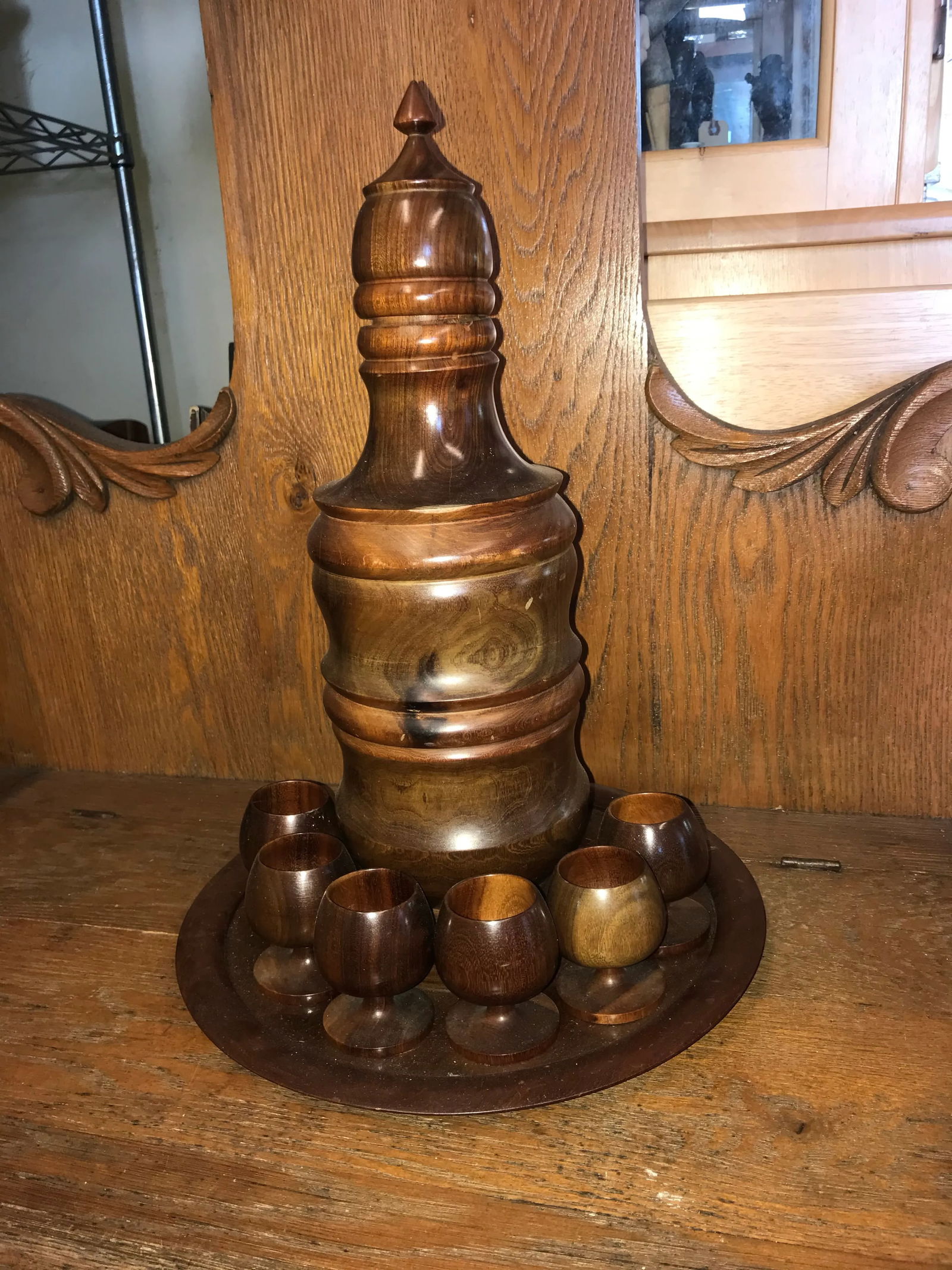 1960s Wood Decanter & Glasses Set- 8 Pieces - 3