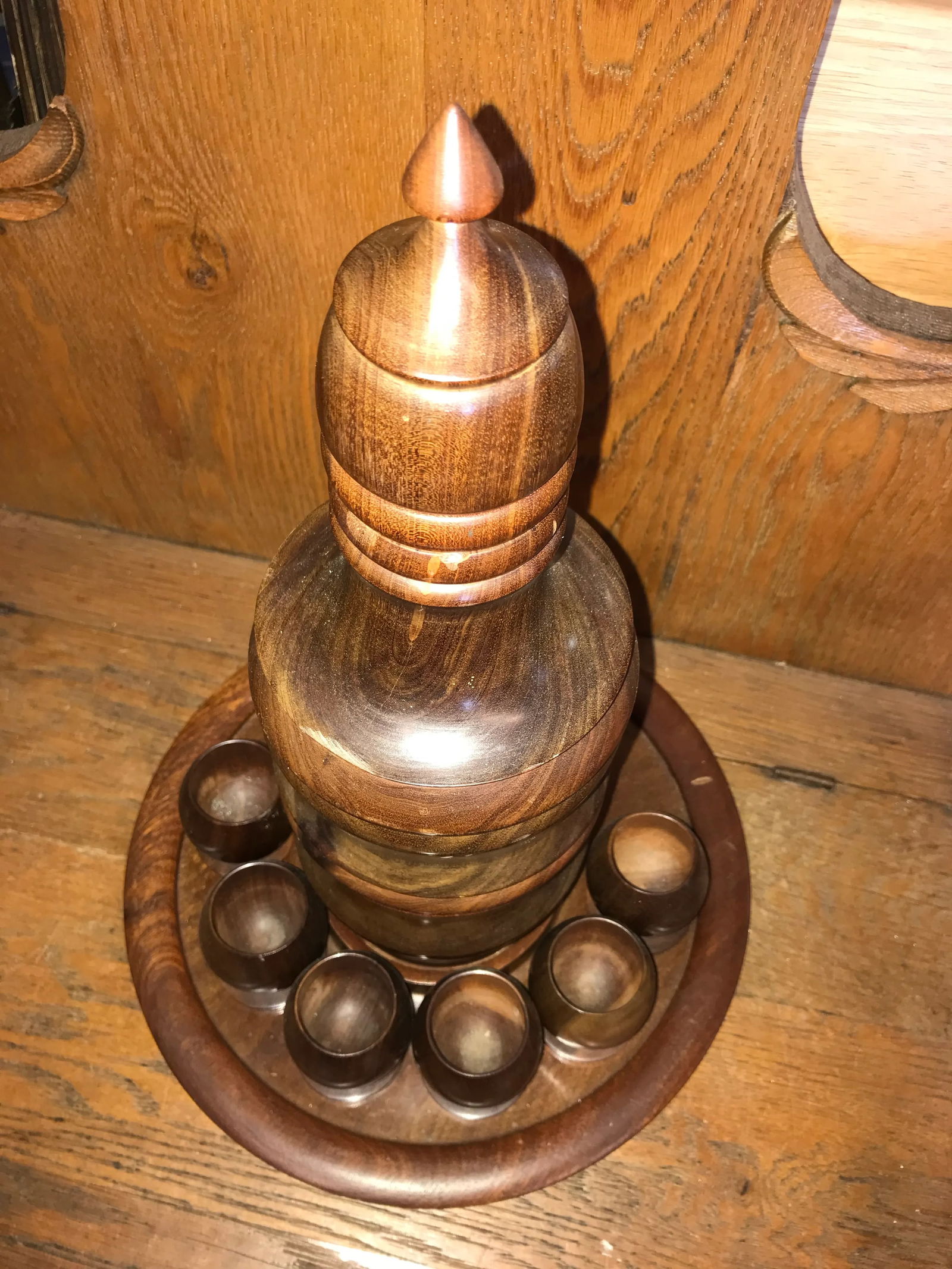 1960s Wood Decanter & Glasses Set- 8 Pieces - 6
