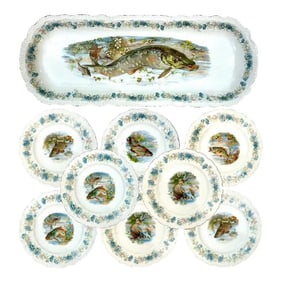 Antique Edwardian Porcelain Fish Service for Eight - Joseph Schachtel, Germany- 9 Pieces