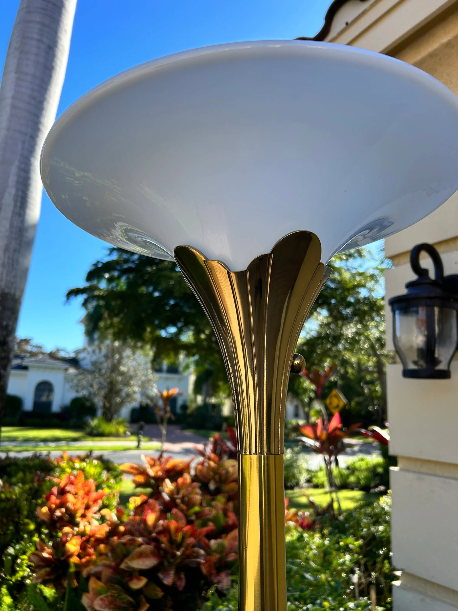 Vintage Stiffel Brass Tulip Torchiere Floor Lamp Original Milk Glass Diffuser - 5