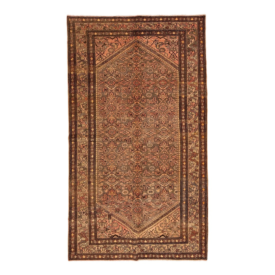 Antique Persian Malayer Gray Wool Rug From the 1920s With Floral Pattern: This exceptional antique Persian Malayer rug is crafted from hand-knotted wool. The design features a beautiful combination of gray and rust as the base, enhanced with blue, orange, and brown
