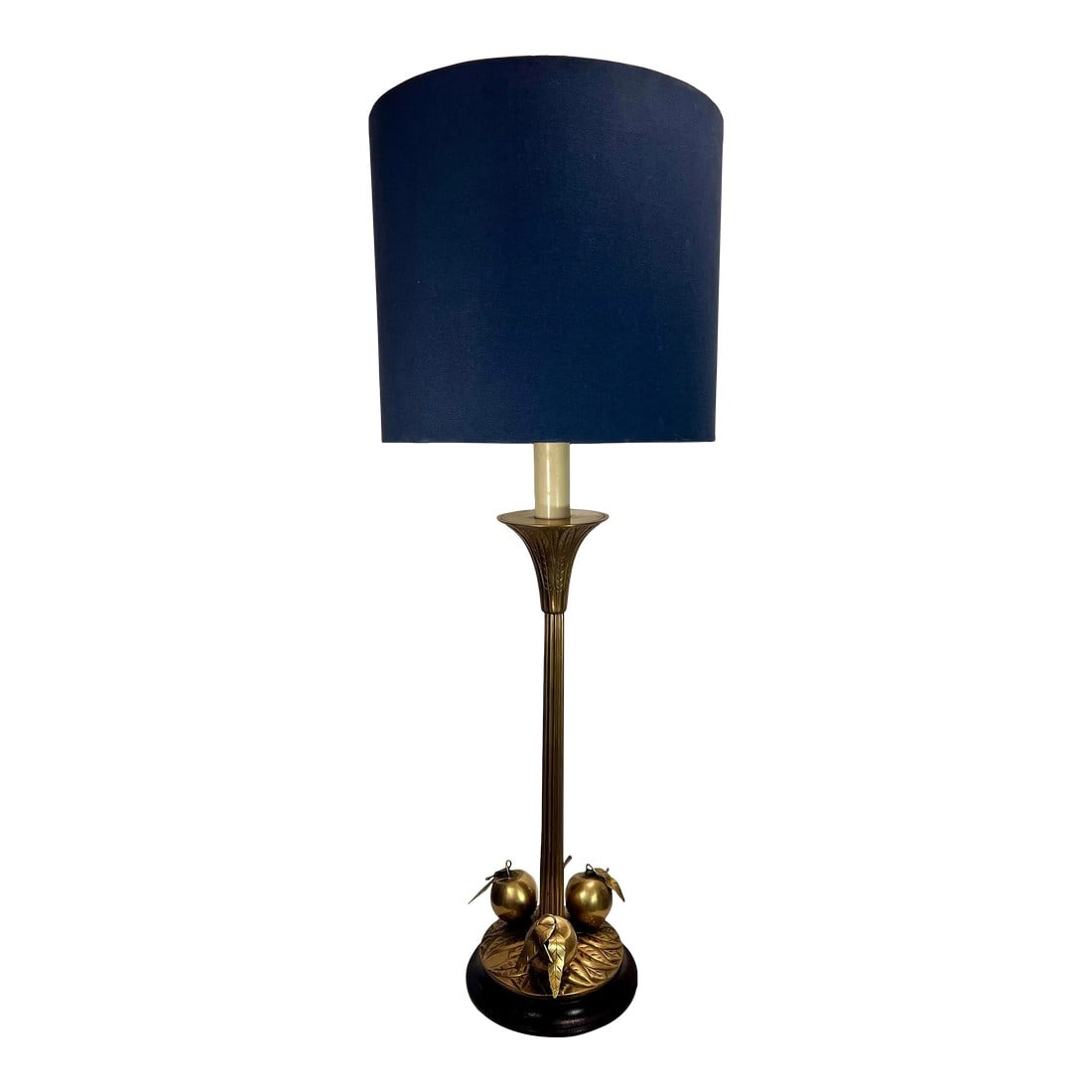 Vintage 1970s Hollywood Regency Brass "Golden Peaches" Lamp Attributed to Chapma: This bespoke Turtle and Crane find is a striking example of 1970s Hollywood Regency opulence. Confidently attributed to Chapman Manufacturing, this table lamp features a sculptural base depicting thre