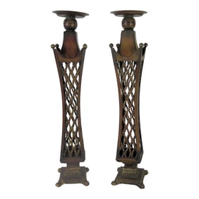 25" Mid Century Asian Style Metal Candle Holders/A Pair