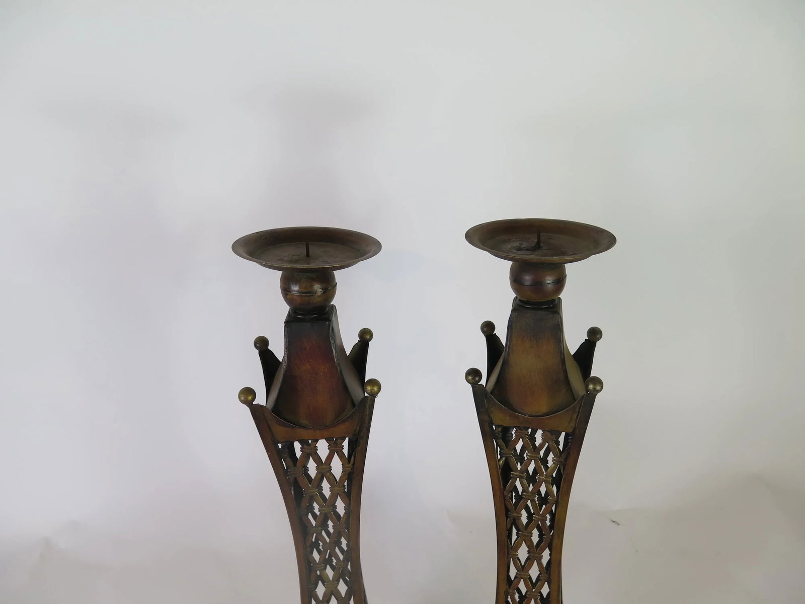 25" Mid Century Asian Style Metal Candle Holders/A Pair - 2