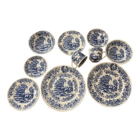 1980s Vintage Blue Country Scene by Myott Meakin Staffordshire Set- 10 Pieces