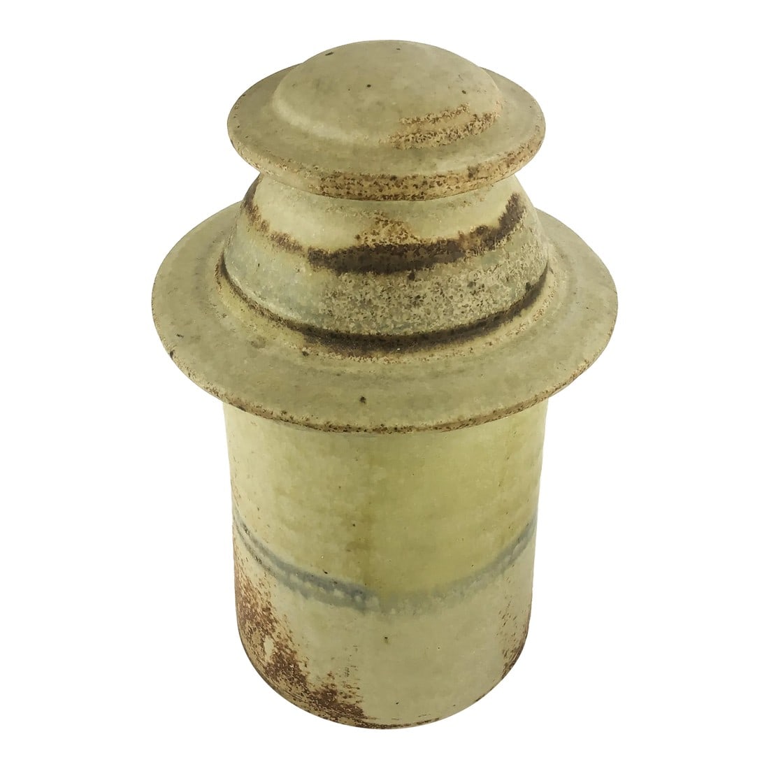 Vintage Artisan Pottery Studio Hand Crafted Covered Storage Container: Unique design with beautiful natural muted colors that will make any interior feel more relaxed and comfortable. This cool round container can hold pasta or make up brushes. You be the designer. A