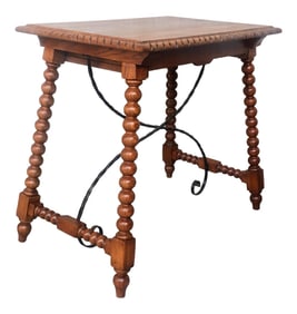 19th Century Spanish Farm Table With Iron Stretchers, Hand Carved Top and Drawer