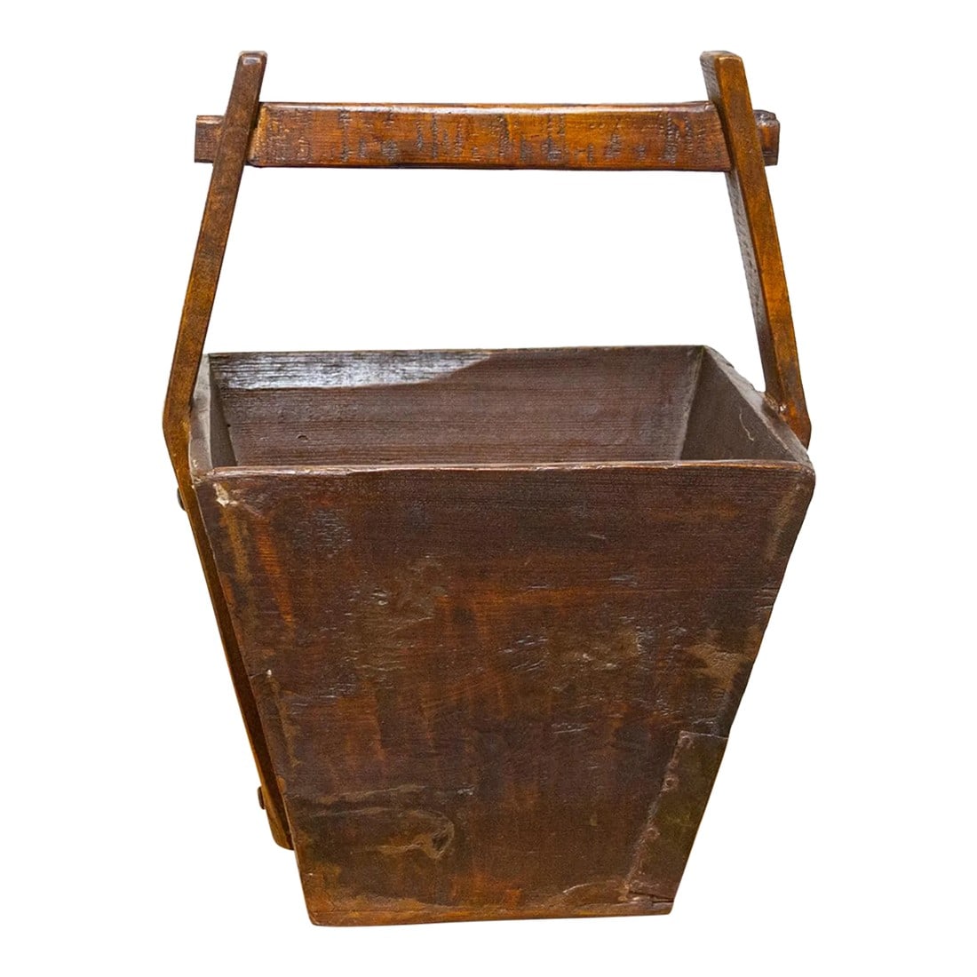 Primitive Asian Harvest Basket: Antique Chinese wooden basket! Its weathered wood, kissed with a warm aged patina,whispers tales of countless harvests, its sturdy handle silently bearing witness to generations of farmers' toil.
