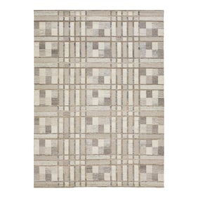 Modern Beige Swedish Style Wool Rug Handmade With Geometric Pattern