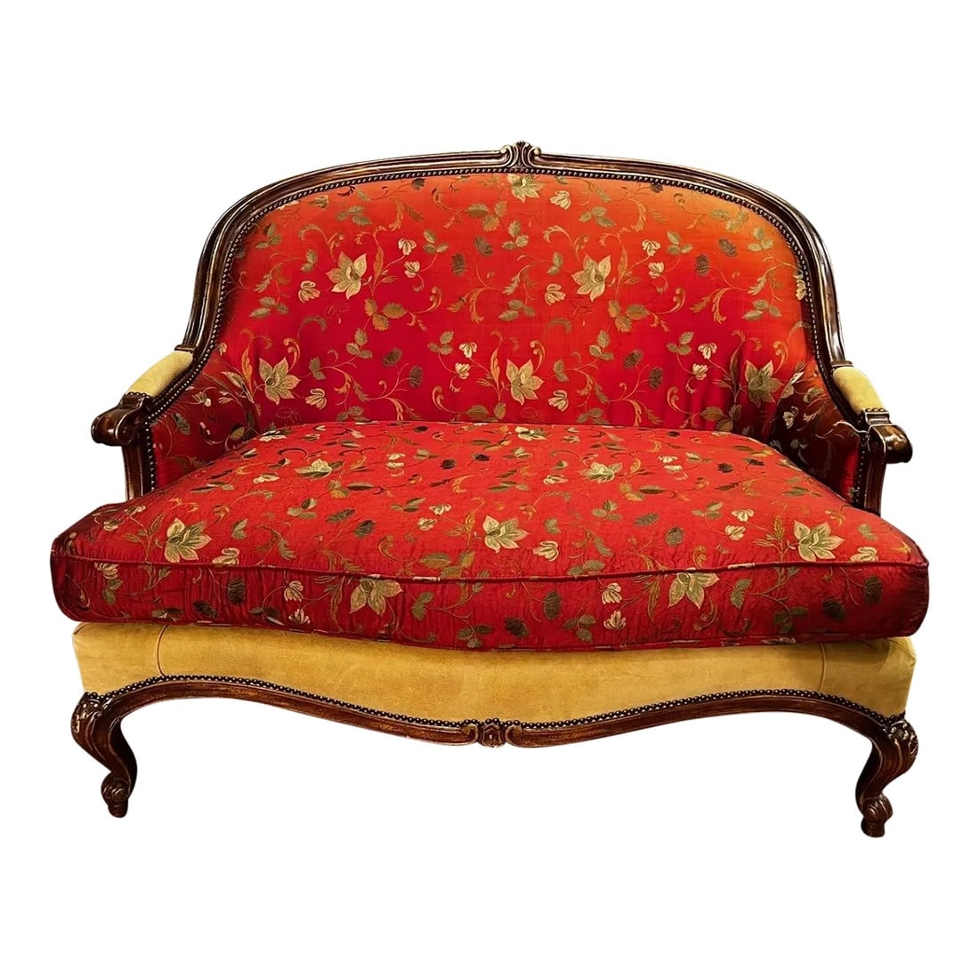 1990s Custom-Made Vintage French Suede and Fabric Carved Settee (1 of 12)