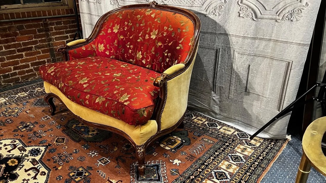 1990s Custom-Made Vintage French Suede and Fabric Carved Settee - 2