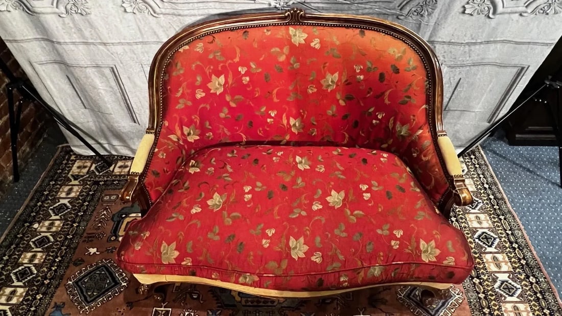 1990s Custom-Made Vintage French Suede and Fabric Carved Settee - 5