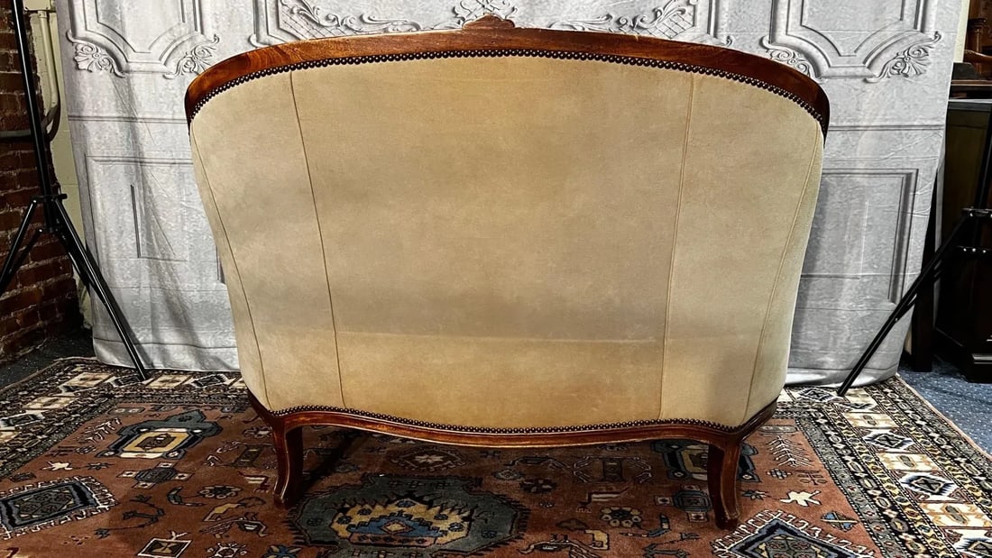 1990s Custom-Made Vintage French Suede and Fabric Carved Settee - 6