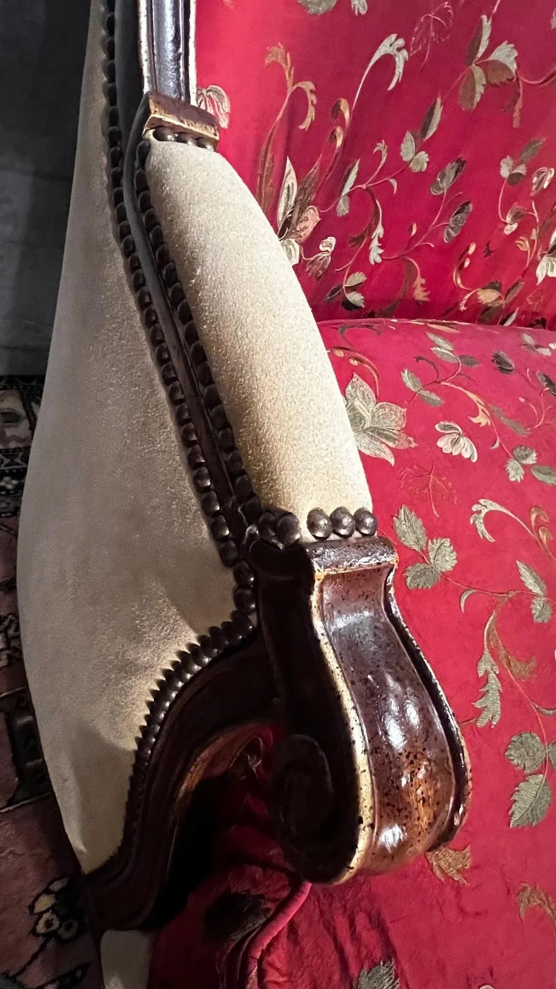 1990s Custom-Made Vintage French Suede and Fabric Carved Settee - 7