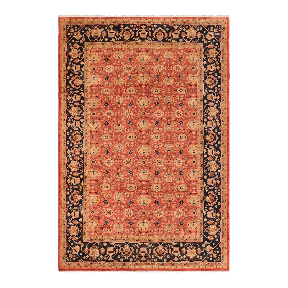 1990s Boho Chic Ziegler Red Blue Hand-Knotted Wool Rug - 10'1'' X 13'2'': Enhance the ambiance of your home with this magnificent Persian-influenced Turkish hand-knotted rug made by skilled artisans capable of creating the most exceptional vegetable dyes and hand-spun