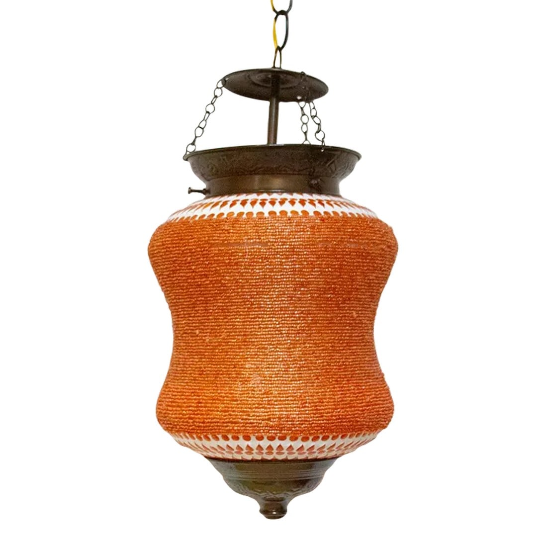 Coral Beaded Pendant Lamp: Lively and colorful, these hand-crafted beaded and mosaic lanterns are made hand-cut pieces of hued glass in a geometric patterns. This lantern is two pieces with a canopy top that is chain-linked to