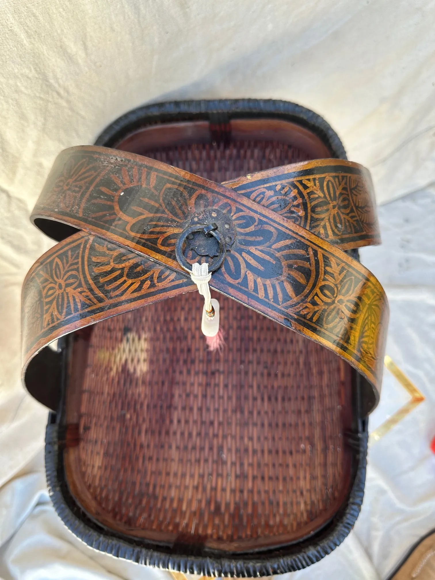 Antique Asian Hand Painted Oval Gathering Basket - 11