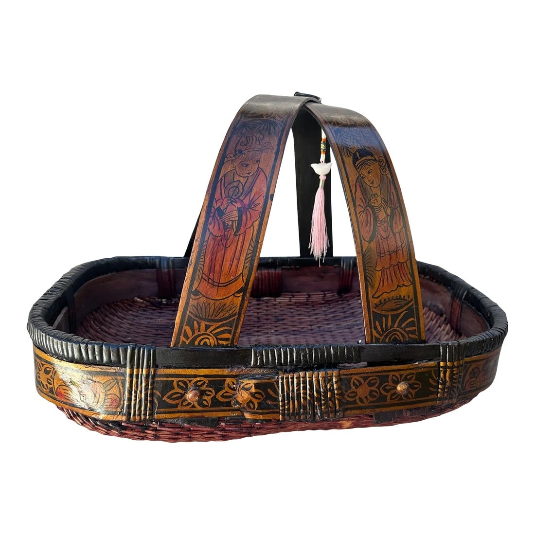 Antique Asian Hand Painted Oval Gathering Basket: Beautiful hand painted willow basket with a stone bird tassel. Bent wood handle with hand painted pattern. Great for gathering items or for decoration. 14in h x 20.5in w x 13in d 5.5in h on sides