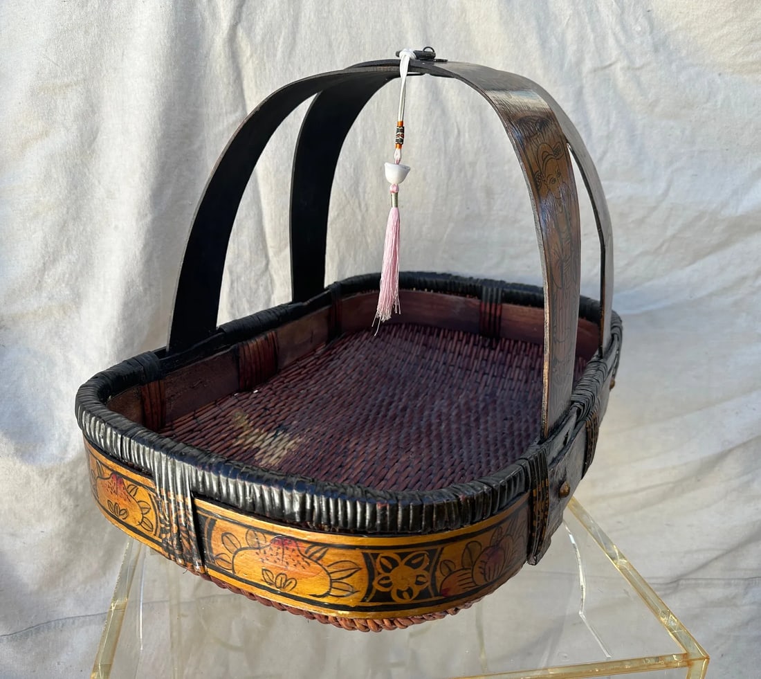 Antique Asian Hand Painted Oval Gathering Basket - 2