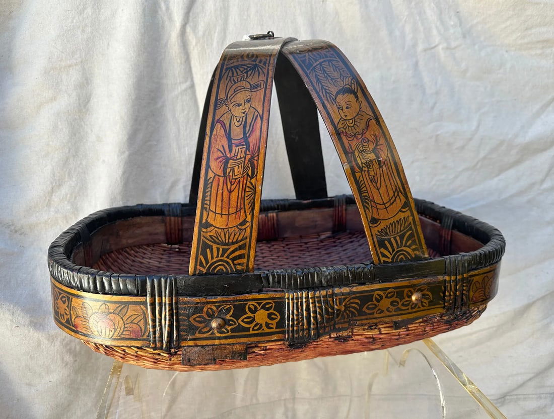 Antique Asian Hand Painted Oval Gathering Basket - 3