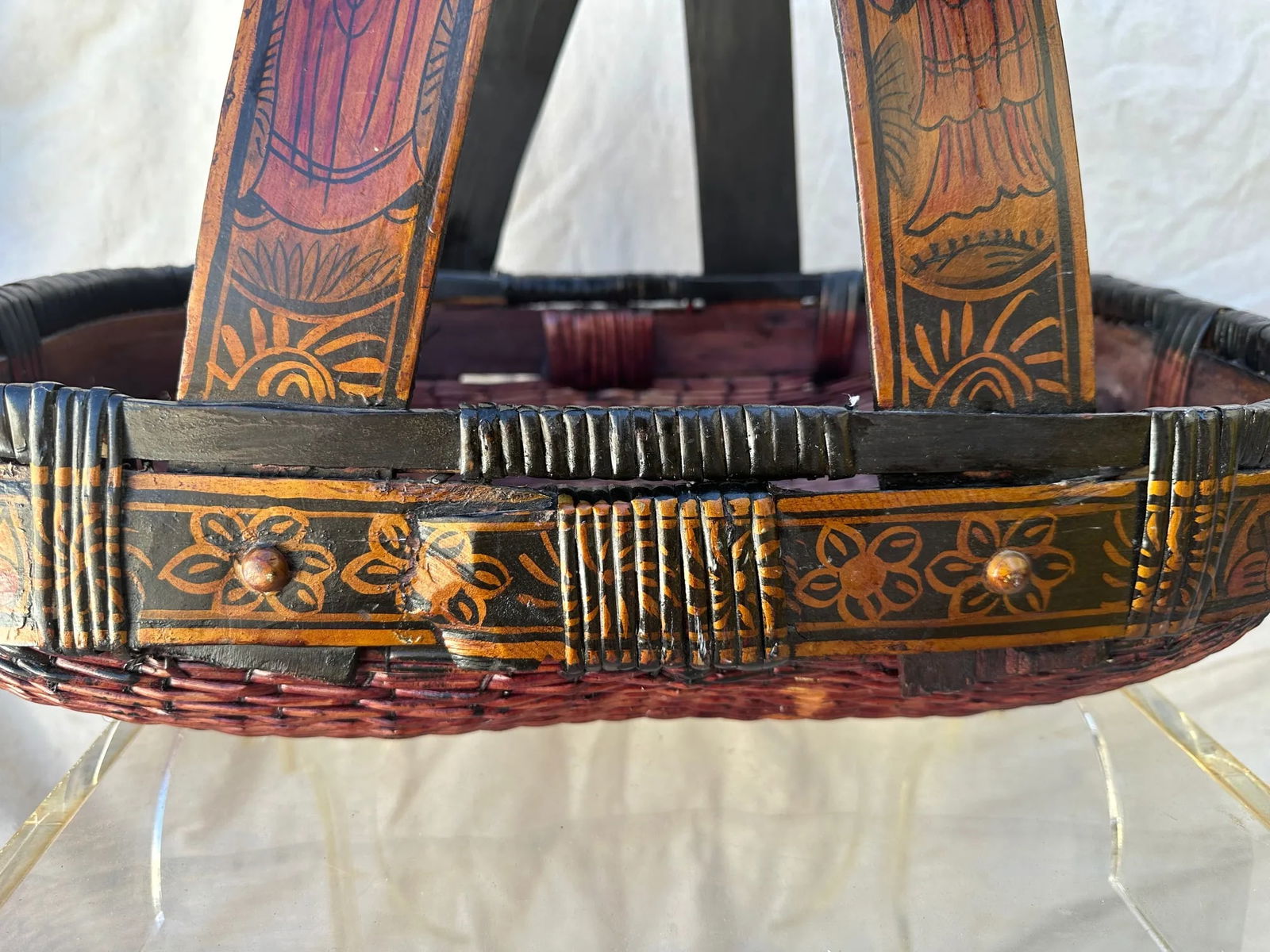 Antique Asian Hand Painted Oval Gathering Basket - 4