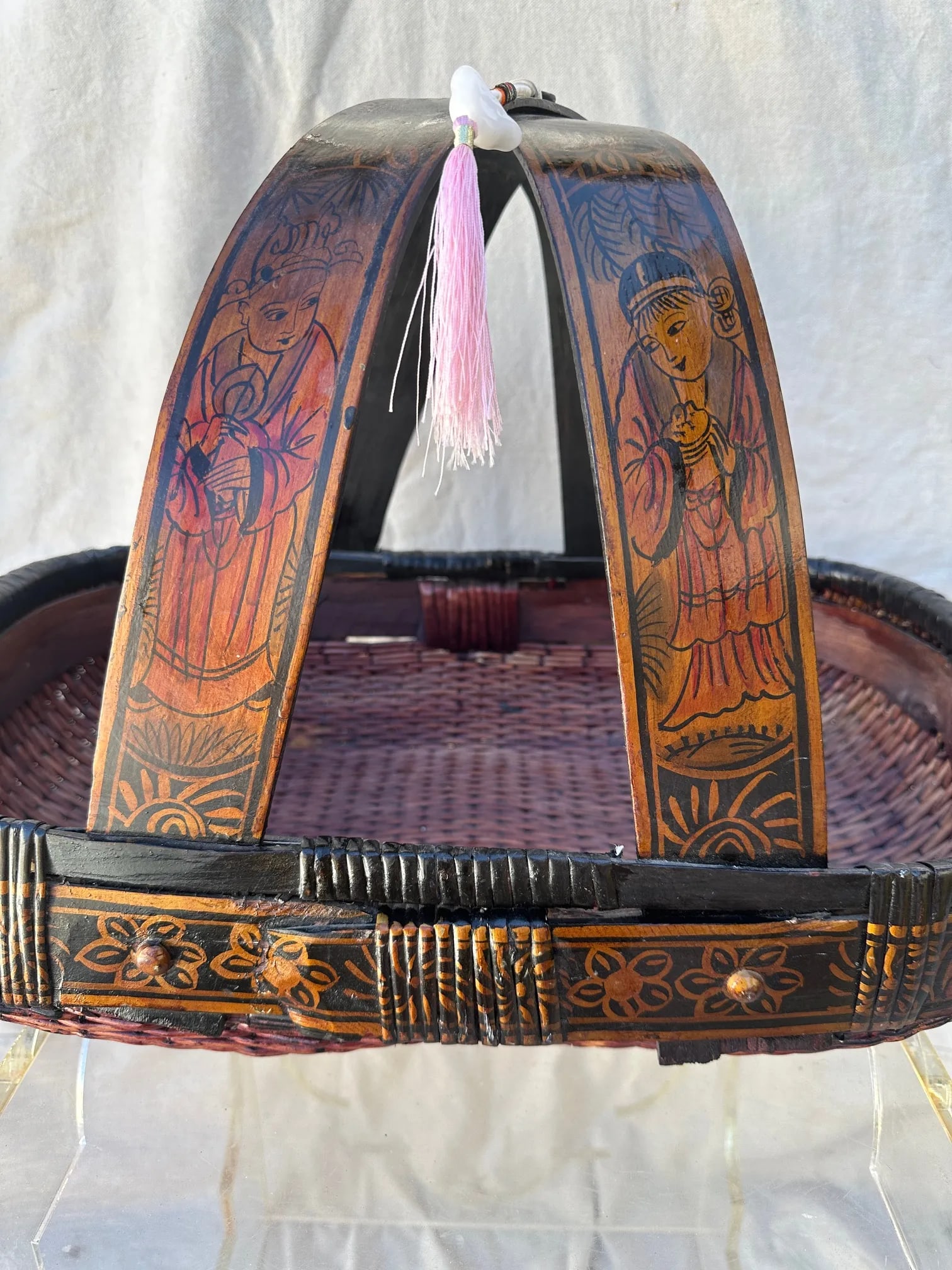 Antique Asian Hand Painted Oval Gathering Basket - 5