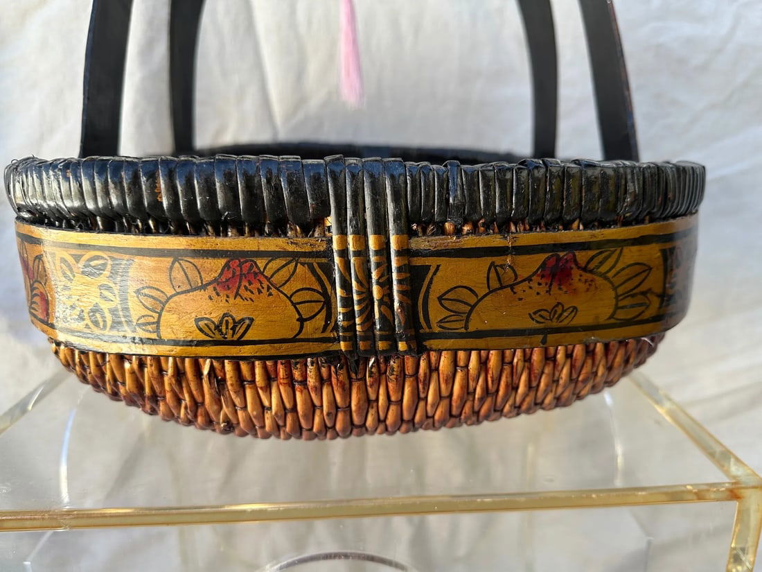 Antique Asian Hand Painted Oval Gathering Basket - 6