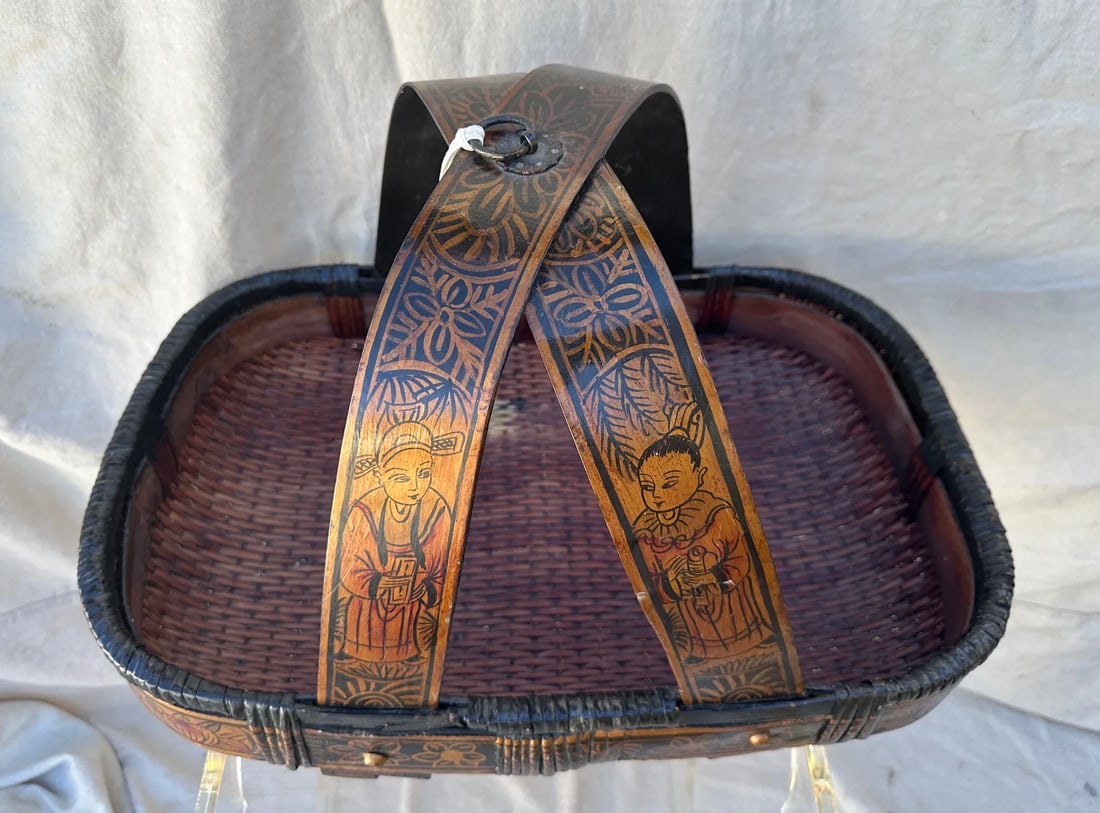 Antique Asian Hand Painted Oval Gathering Basket - 7
