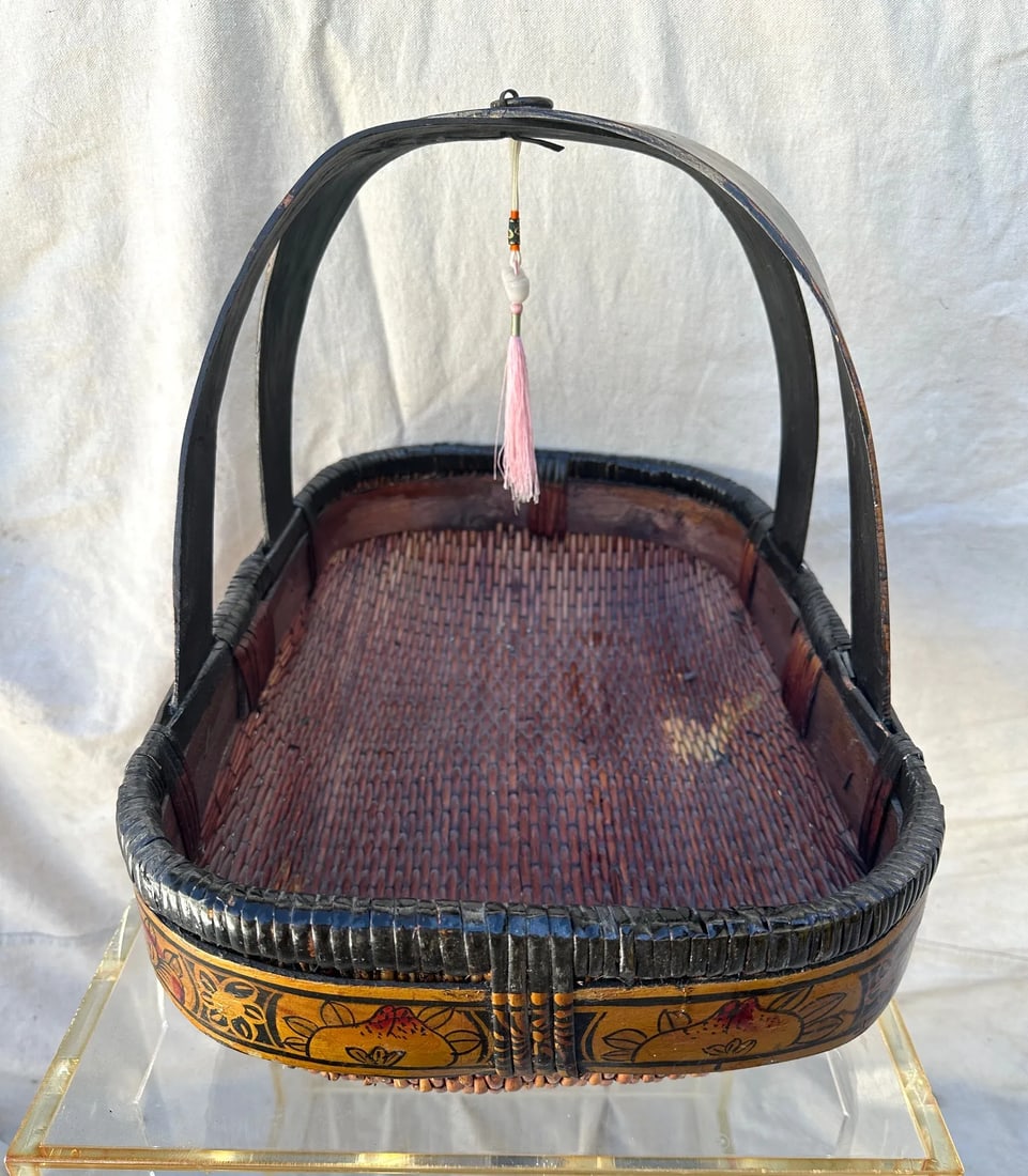 Antique Asian Hand Painted Oval Gathering Basket - 8