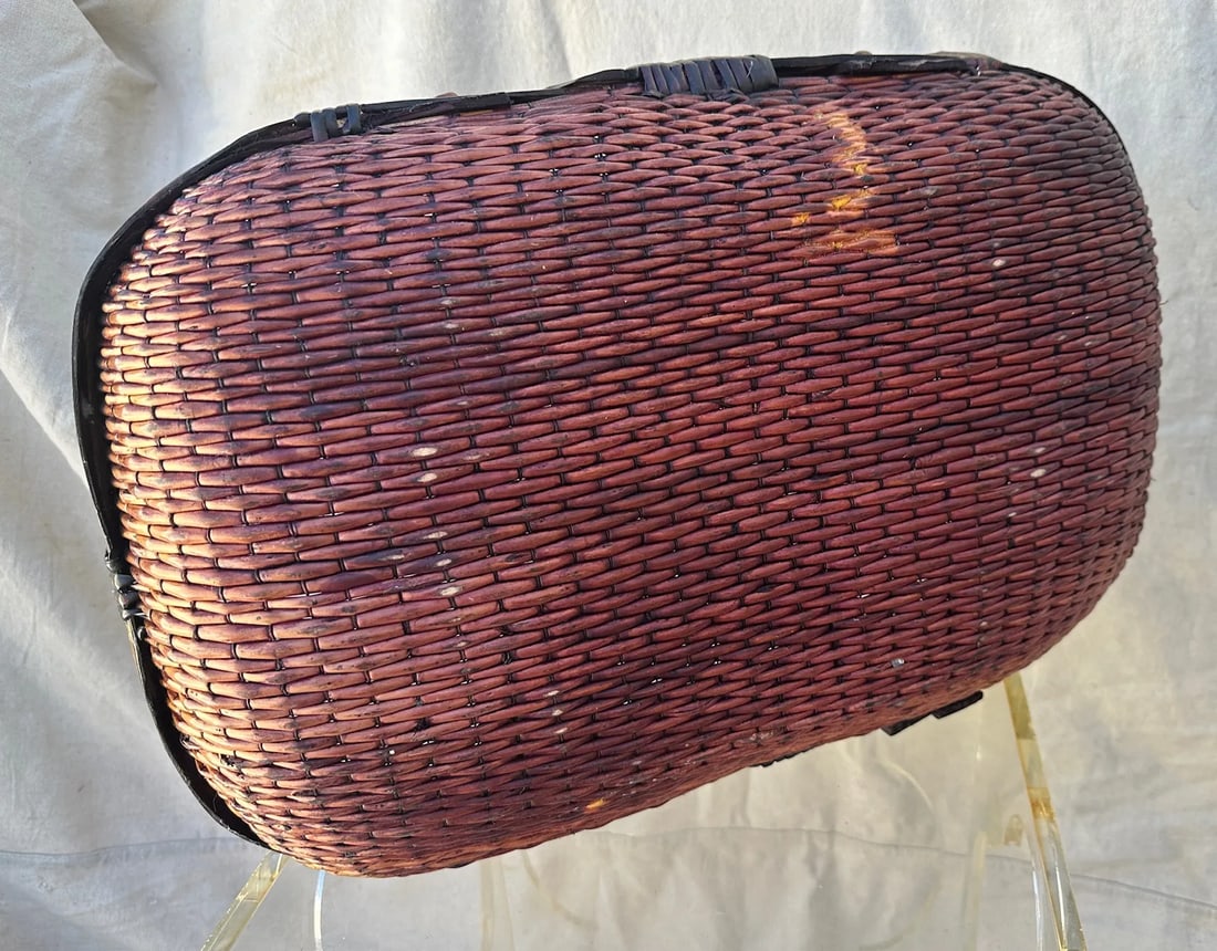 Antique Asian Hand Painted Oval Gathering Basket - 9