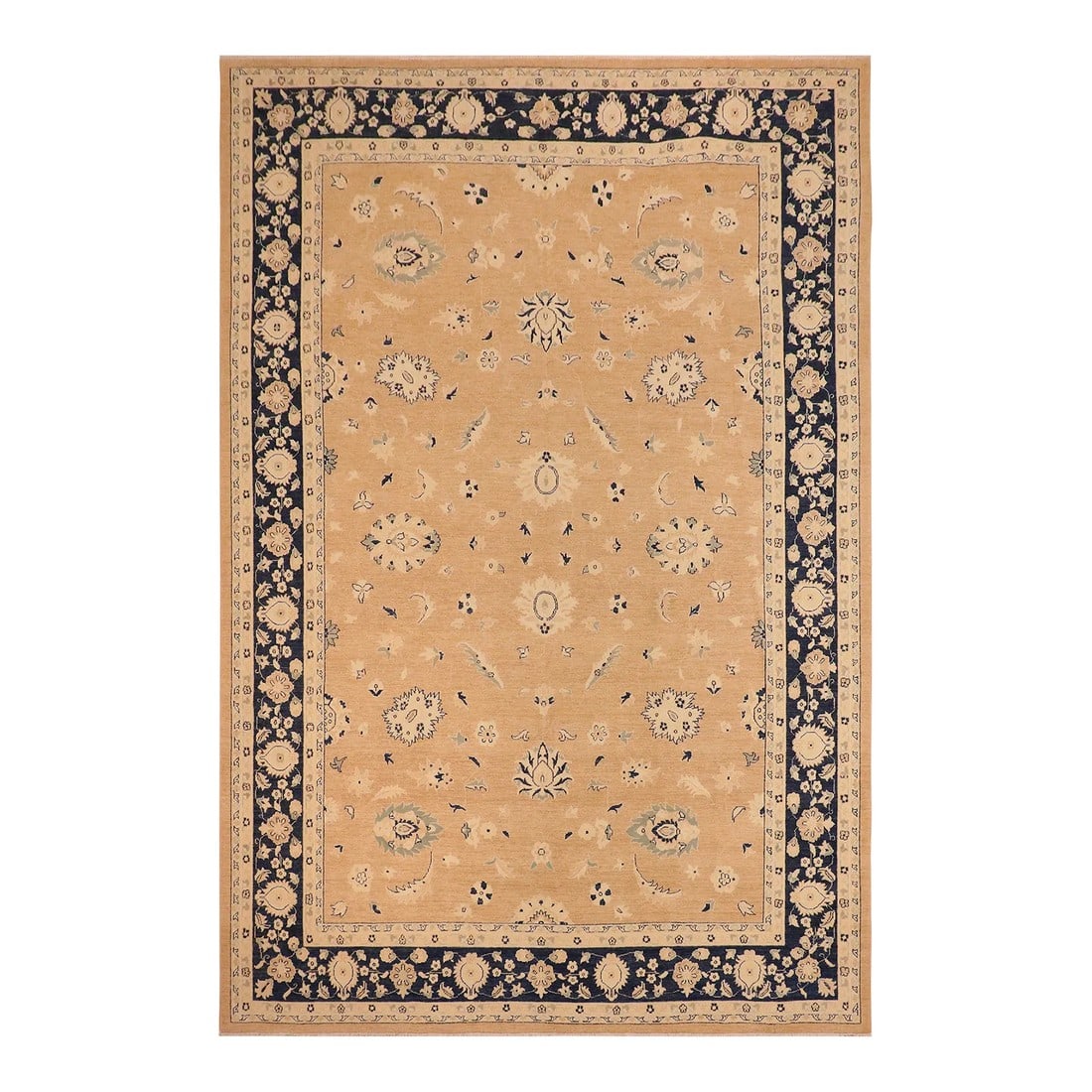 1990s Classic Ziegler Brown Blue Hand-Knotted Wool Rug - 10'0'' X 13'9'': Enhance the ambiance of your home with this magnificent Persian-influenced Turkish hand-knotted rug made by skilled artisans capable of creating the most exceptional vegetable dyes and hand-spun