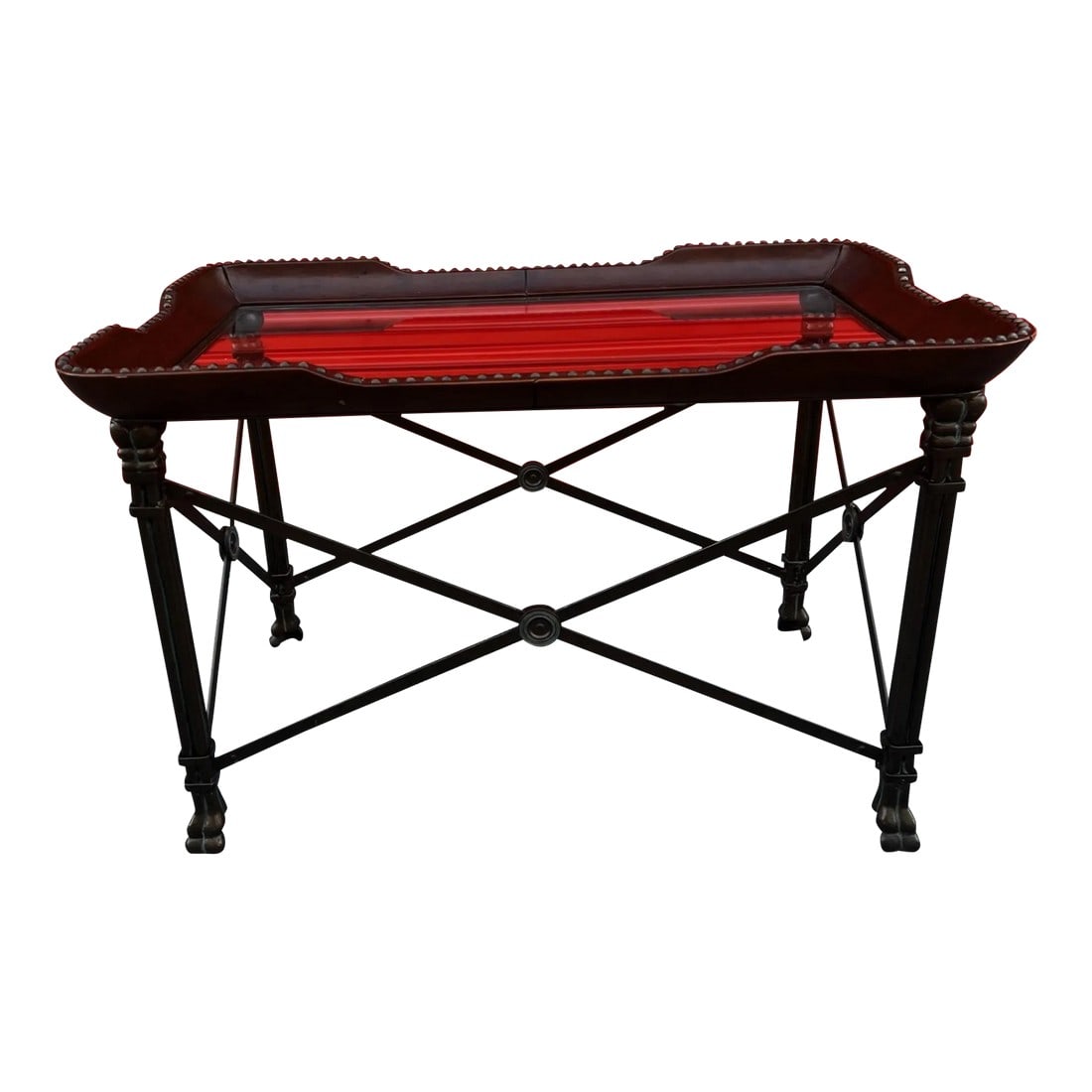 2000s Maitland-Smith Leather, Iron and Nail-Head Coffee Table: NOTE: Delivery: Occasional delivery is available throughout the East Coast at competitive rates. Please inquire for availability and a quote. Leather wrapped top with large nail heads and iron legs.